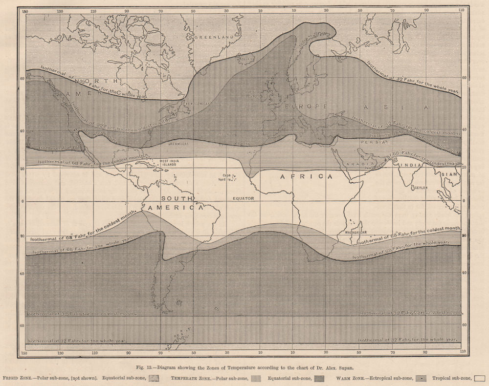 WORLD CLIMATE. Temperature zones according Supan. Temperate Ectropical 1882 map